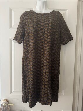NWT Loft Short Sleeve Black and Brown Patterned Knit Dress size L